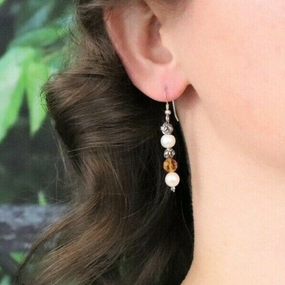 Sterling Silver White and Yellow Pearl and Flower Earrings Dangle Drop Earrings - Picture 2 of 6